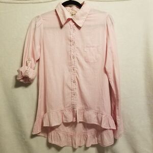 Flutterbye M Top Shirt Button Up Pink Striped 100% Cotton Roll Tab Sleeve Preppy